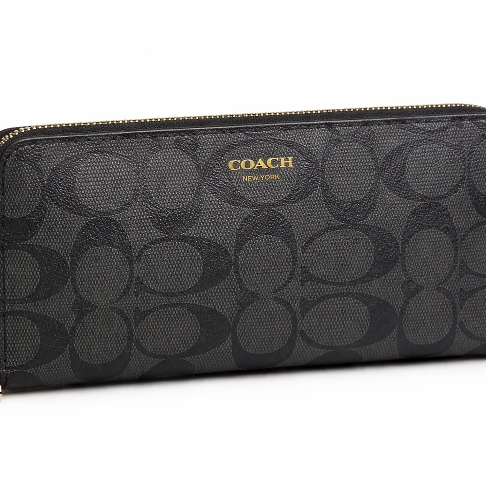 Coach Black and Gray Signature Zip Wallet with Gold Logo